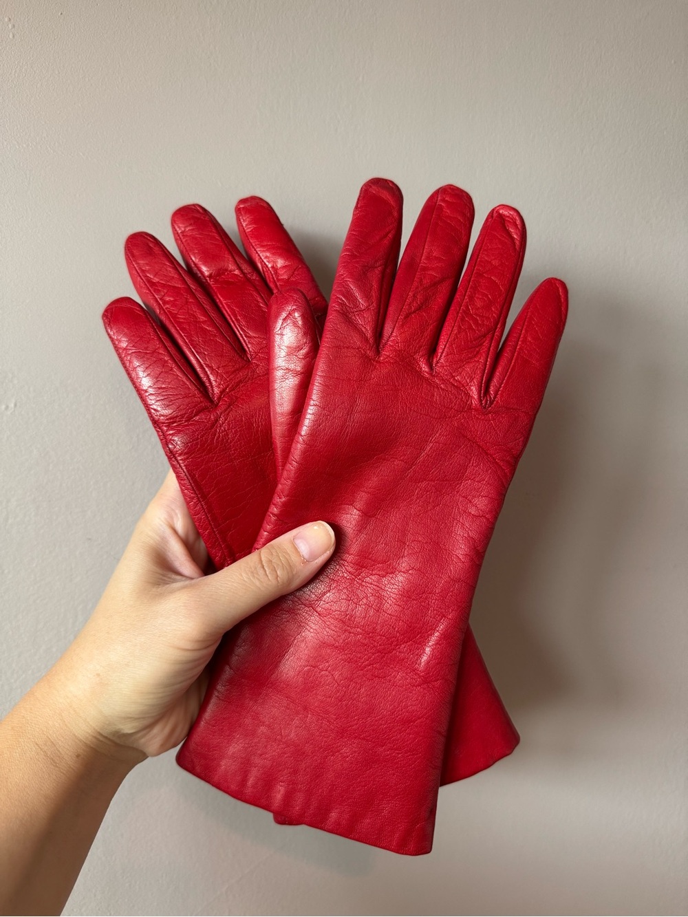 Vintage Charter Club Womens Red Leather Rabbit Fur Lined Gloves Size 6.5